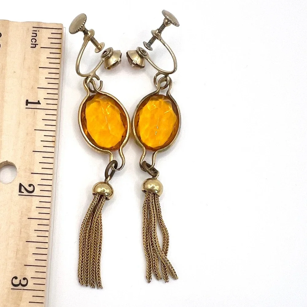 Vintage Amber Glass Tassel‎ Dangle Earrings Gold Tone Screw Back Art Deco Style